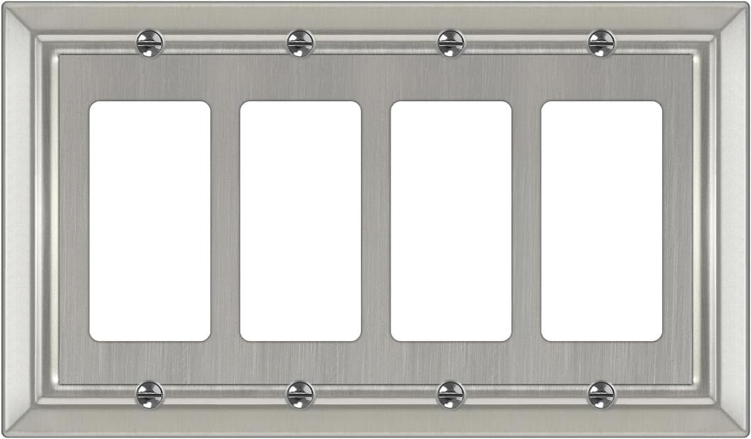 Metal Wall Plate for Electrical Outlets, Decorative Brushed Nickel Switch Plates Outlet Cover, Light Switch Cover Plate, 4-Gang Wall Plates (Quad Decorator, 1 Pack)