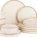 Famiware Nebula Plates and Bowls Sets for 4, 12 Pieces Stoneware Dinnerware Set, Microwave and Dishwasher Safe Dishes Set, Vanilla White with Brown Rim