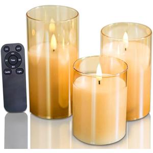 Real Wax Battery Operated Flameless Pillar Candles with Remote Timer Gold Glass Shell Realistic Black Wick Flickering Electric LED Lights for Wedding Halloween Christmas Decorations 3 Pack