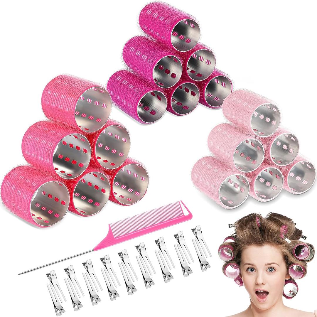 37 Pcs Aluminum Thermal Hair Rollers Set 3 Sizes Self Grip Hair Rollers 18 Pcs Duckbill Clips, Comb Hairdressing Styling Tool for Women, Men(1.1,Pink Series) (1.1'', 1.57'', 1.97'')