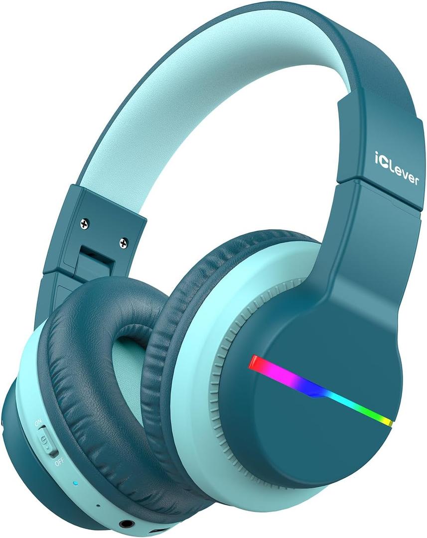 iClever BTH12 Kids Bluetooth Headphones,Colorful LED Lights Wireless Kids Headphones,74/85dBA Safe Volume,85H Playtime,Bluetooth 5.2,Over Ear Headphones Built-in Mic for iPad/Tablet/Airplane,Green