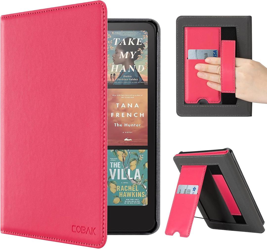 CoBak Case with Stand for Kindle Paperwhite 12th Gen 2024 Released (7") & Kindle Colorsoft Signature Edition - Durable PU Leather Cover with Auto Sleep Wake, Card Slot, Hand Strap Feature, Raspberry
