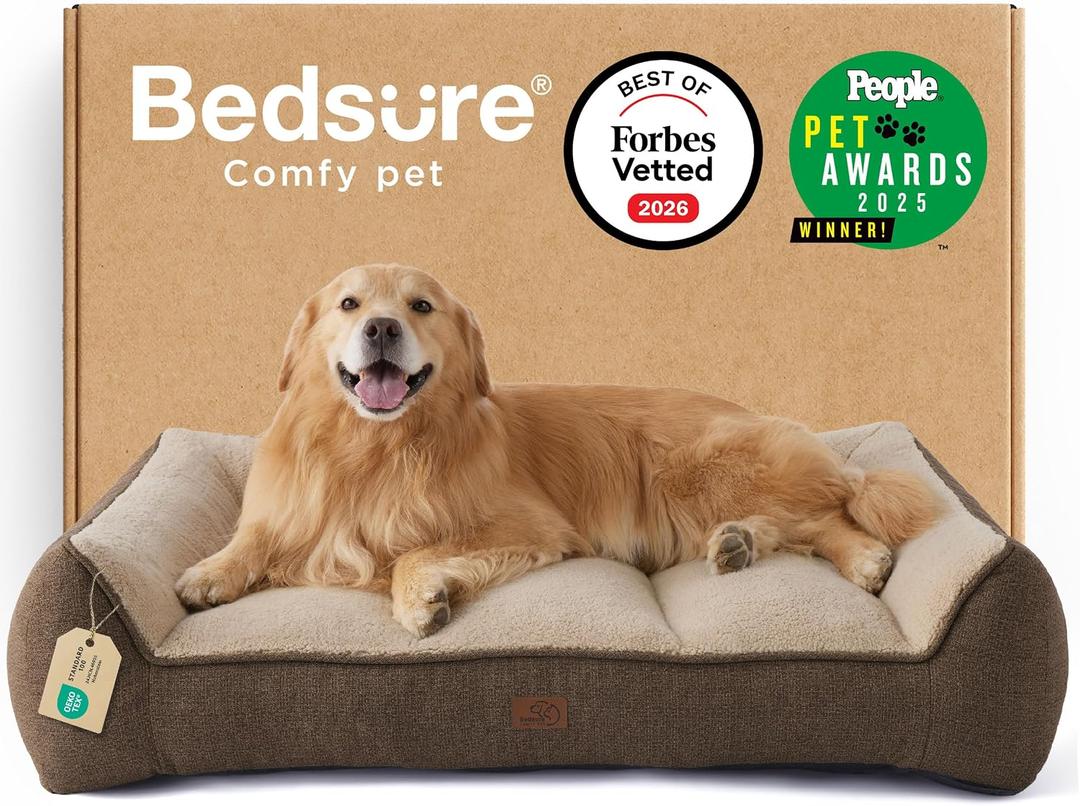 Bedsure SupportMax XL Plus Orthopedic Dog Beds Large Sized Dog - Extra Thick Supportive Dogs Couch with Waterproof Washable Cover, Jumbo Comfort Pet Sofa with Soft Sherpa & Nonskid Bottom, Brown, 48"