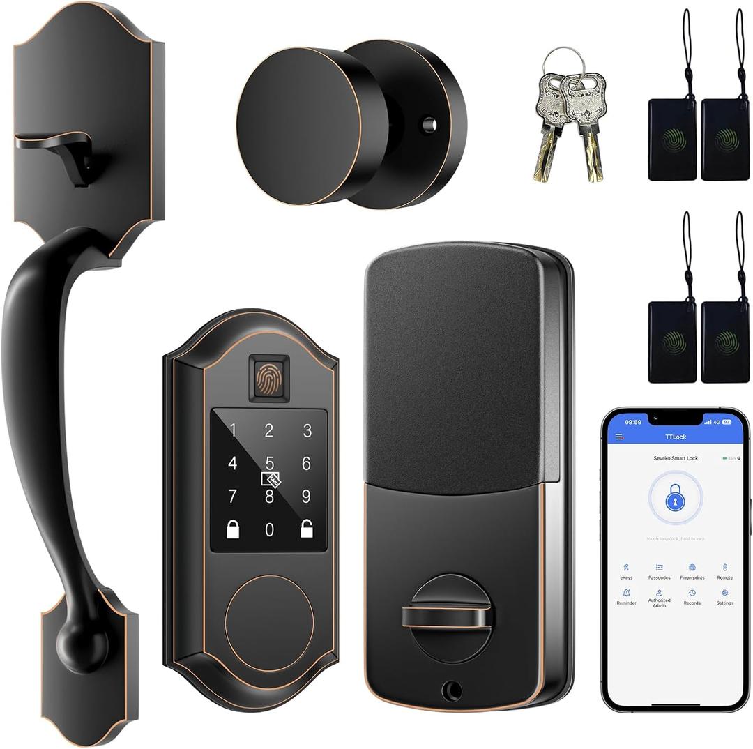 Smart Door Lock Set, Fingerprint Keyless Entry Door Lock with Interior Knob, Front Door Lock Set with Keypad and Deadbolt, Smart Locks for Front Door -APP Control, Auto-Lock, Oil Rubbed Bronze