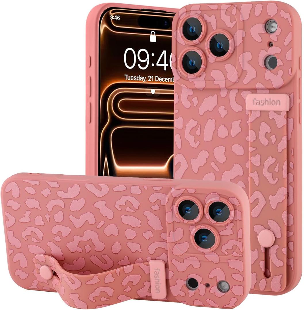 OOK Compatible with iPhone 17 Pro Leopard Case with Wrist Strap, Pink Leopard Cheetah TPU Shockproof Protection Slim Cover with Camera Protection for Women Girls, for 6.3inch
