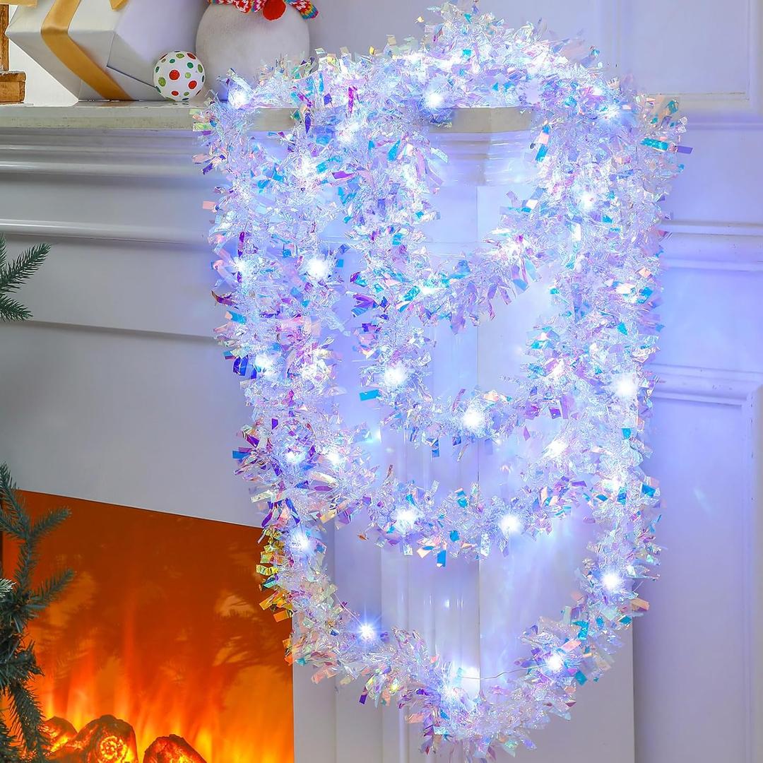 Kingdder 16.4 ft Christmas Prelit Tinsel Lighted Garland with 50 LED Lights Hanging Christmas Foil Tinsel Garland for Xmas Tree Wedding Party(White, Iridescent White)