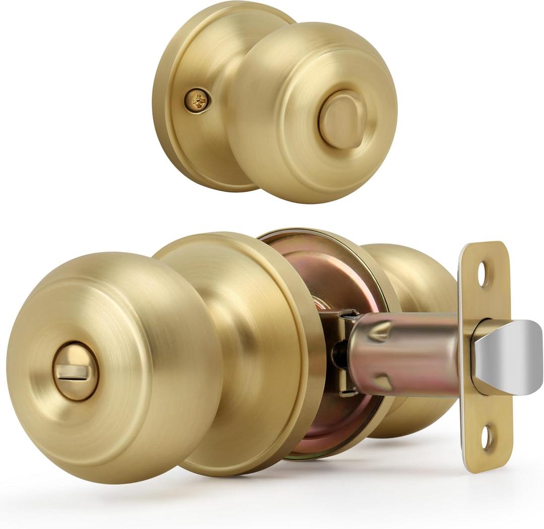 Brushed Gold Flat Ball Door Knob with Lock, Keyless Privacy Round Design Doorknob for Bathrooms/Bedrooms, Satin Brass Finish (1 Pack)