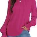 Funlingo Womens Long Sleeve Tops Fashion Fall Shirts Scoop Neck Pleated Ruffle Loose Tunic Tops Business Work Blouse (Pink, XS)