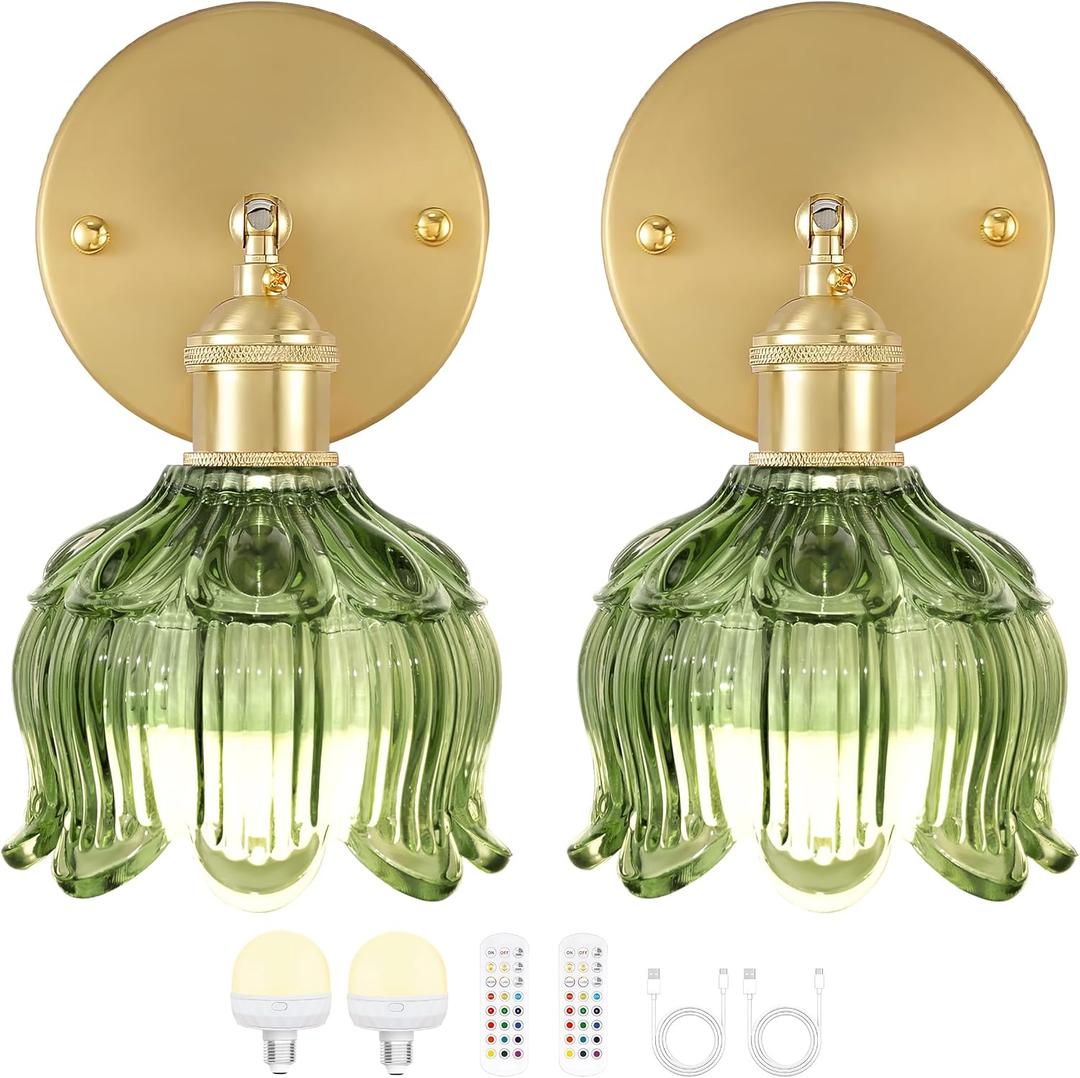 Wireless Wall Sconce with Flower lampshade, Battery Operated Wall Lights,Wall lamp with 15 Colors for Bedroom Living Room Home Decor (Green, 2 Light Battery Operated)