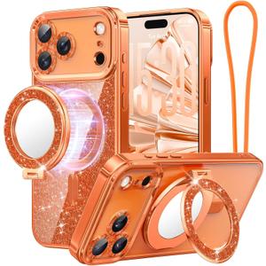 Meifigno Designed for iPhone 17 Pro Max Magnetic Case with Removable Phone Ring Stand, Glitter Card & Wrist Strap, Compatible with MagSafe, Built in Mirror, Phone Ring Holder + Case Kit, Orange