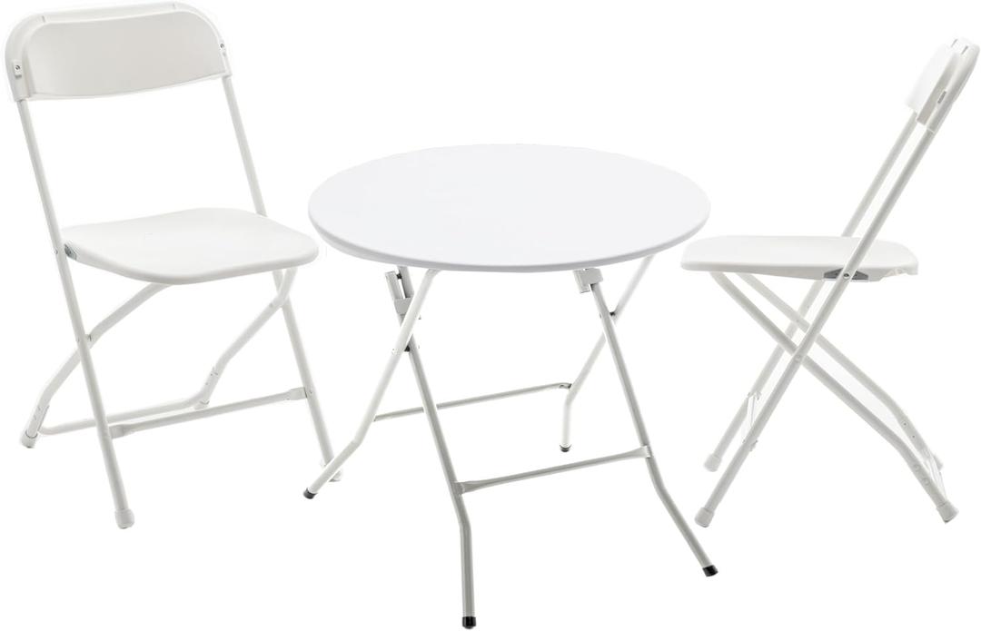 BTEXPERT Folding Card Portable, 24" Round Plastic Table 2 Adult Chairs for Board Games Nights Gatherings Party Home Indoor Outdoor Lightweight, 3 Piece Set, White & Granite White (3 Piece Set C)