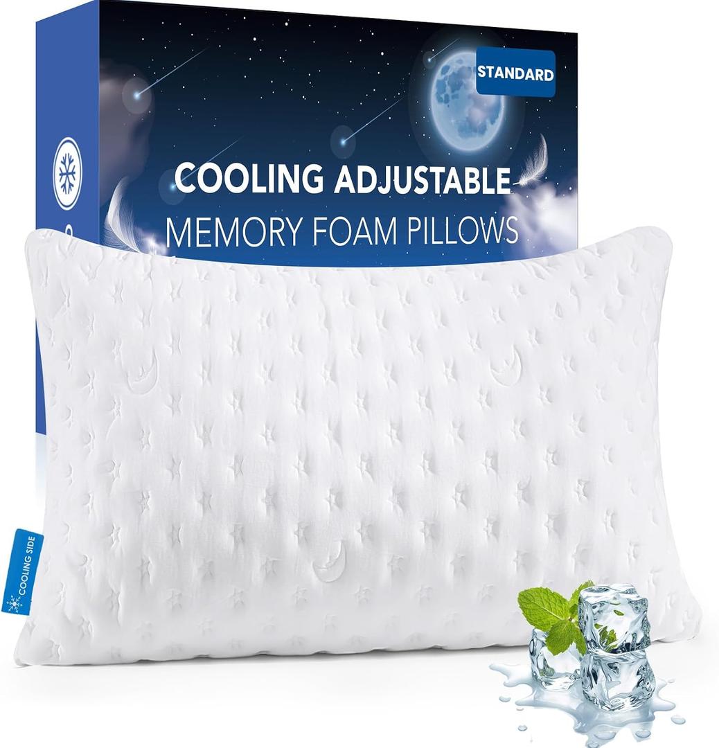 KUCEY Cooling Side Sleeper Pillow for Neck and Shoulder Pain, Luxury Shredded Memory Foam Curved Bed Pillows for Sleeping Set of 1- Adjustable Queen Size- Washable Cover Original White