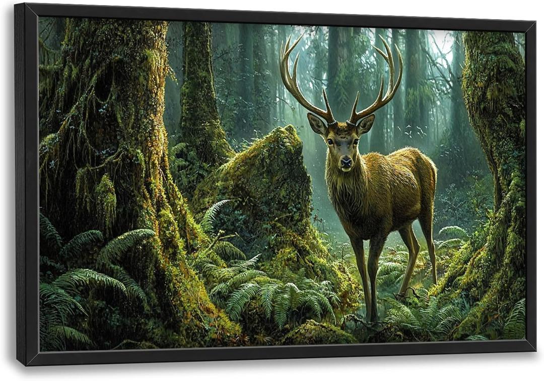 Extra Large Wall Art for Living Room Framed, Forest Deer Oversized Wall Decor Pictures, Nature Scenery Animal Landscape Canvas Print Painting, Framed Artwork Bedroom Office Home Decor 24"x36"