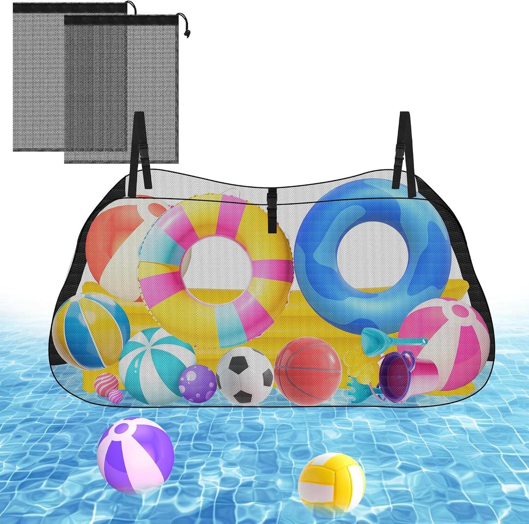 Pool Storage Bag,Adjustable Pool Toys Organizer Hanging Mesh with 2 Extra Mesh for Floats,Inflatable Toys, Pool Accessories-Heavy Duty Reinforced Attaches to Pool Side and Fence62"Lx15.7"Wx40"H)