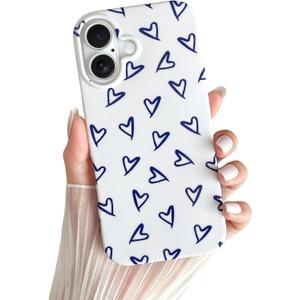 Skyseaco for iPhone 17 Case Cute Love Heart Design Aesthetic Pattern Phone Case for Women Girls Soft Slim TPU Shockproof Phone Cover for iPhone 17 6.3"- Blue & White