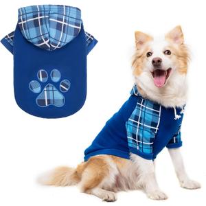 Plaid Dog Hoodie Pet Clothes Sweaters with Hat Large (Pack of 1) (Blue Paw)