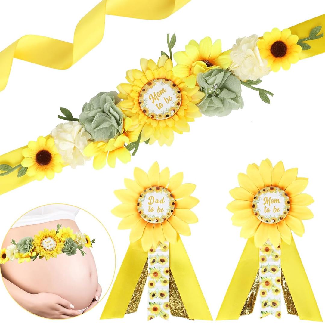 Sunflower Baby Shower Maternity Sash Kit - Yellow Sunflower Baby Shower Belly Belt and Mom & Dad to Be Corsage Pins, New Parents Pregnancy Photo Props Party Supplies