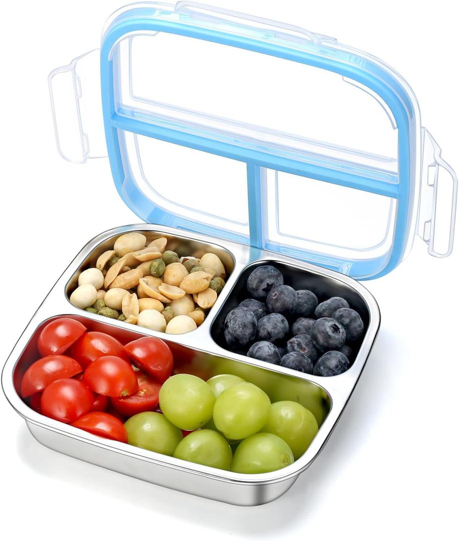 Stainless Steel Snack Containers, 3 Compartments Reusable on and go Bento Box with Lids for Kids, Lunch Box Pre Meal Storage for School Office Outdoor Camping Travel - Blue