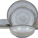 Melamine Dinnerware Sets 12 PCS - Service for 4 Plates & Bowls Sets Dishwasher Top-Shelf Safe, BPA Free Dinner Dishes Set for Everyday Use-Granite Pattern Gray