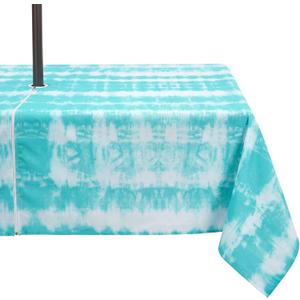 Outdoor Tablecloth with Umbrella Hole Waterproof Heavy Duty 60 x 84 Inch Rectangular Patio Table Cloth Cover with Zipper for Garden, Picnic, Backyard Party, Teal Tie-Dye