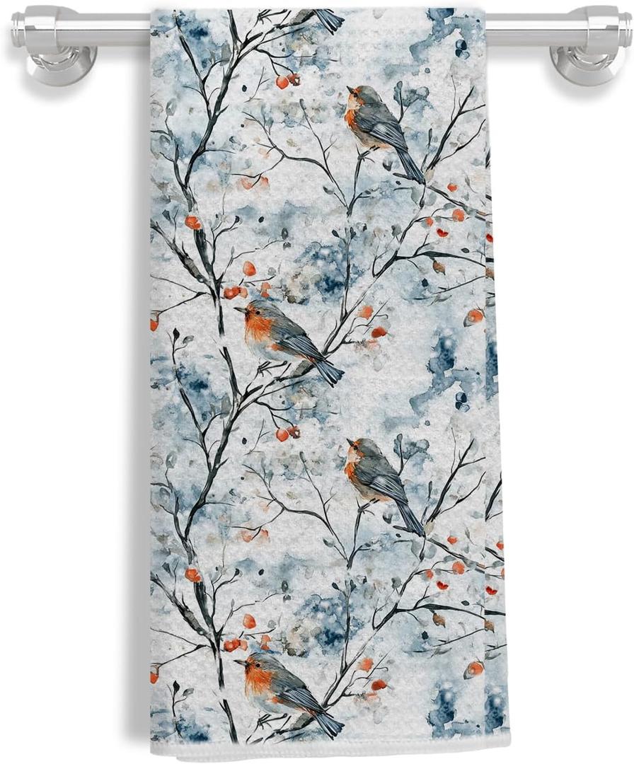 Christmas Winter Bird Kitchen Towels-Vintage Watercolor Robin Branch Dish Tea Towels for Kitchen, Farmhouse Blue Red Berry Decorative Hand Towel for Bathroom, 16x24 Inch