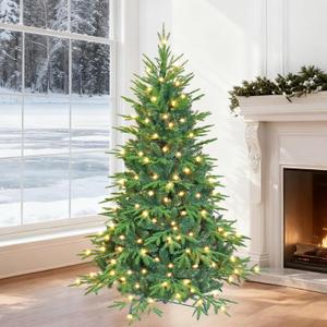 5ft Prelit Artificial Christmas Tree with 1528 PE PVC Tips, Premium Pre-Lit Holiday Xmas Tree with 200 UL Incandescent Lights, Metal Hinges & Foldable Base for Home Office Party, Green