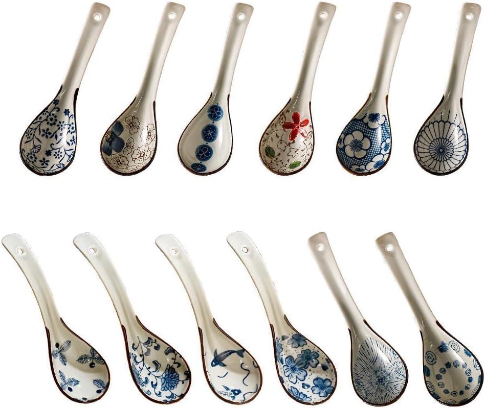 Raelitego 12pcs Asian Soup Spoon, Ceramic Chinese Soup Spoons, Deep Oval Hook Non-slip Japanese Spoons for Rice Ramen Pho Miso Soup Wonton Noodle, Luck and Prosperity Gifts for Friends Parents Family