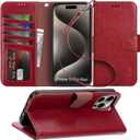 Arae Compatible with iPhone 15 Pro Max Case with Card Holder and Wrist Strap Wallet Flip Cover for iPhone 15 Pro Max 6.7 inch,Wine Red