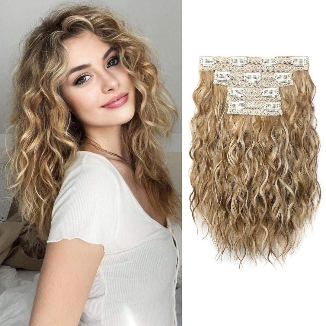 REECHO Clip in Hair Extensions, 4PCS Hair Extensions 12" Short Curly Wavy Blonde Hair Extensions Invisible Lace Weft Natural Soft Hairpieces for Women Golden Blonde with Highlights