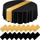 Tudomro 16 Pcs Black and Gold Round Plastic Tablecloth and Satin Table Runner Set 84 Inch Round Covers 12 x 108 Inch Table Runners for Christmas Wedding Birthday Party Baby Shower