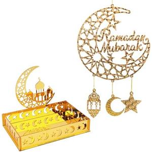 ONEHAUS Ramadan Decorations for Home, Eid Mubarak Wooden Wreath & Serving Tray Eid Decorations Door Hanging Sign, Golden Mosque Ramadan Wall Decor Al-fitr Moon Star Container for Islamic Party Storage
