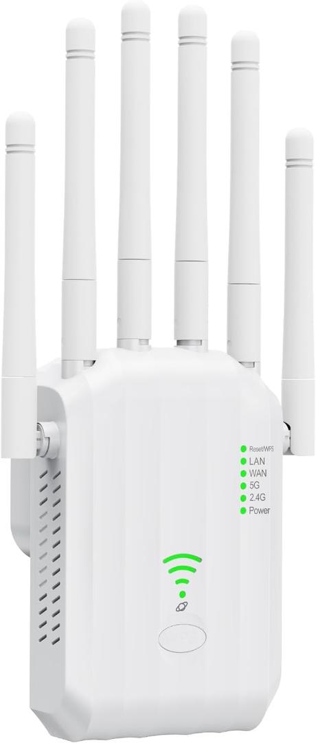 WiFi 6 Extender, AX1900 Dual Band WiFi Booster with 6 High-Gain Antennas, Covers Up to 12000 Sq.Ft for 105+ Devices. Features Gigabit Ethernet Port & Easy Setup for Seamless Whole Home Mesh WiFi