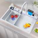 26.8 inch White Smart Digital Display Waterfall Sink, 304 Stainless Steel Modern Kitchen Sink with 5 Water Outlet Modes, Waterfall Pull-Out Faucet, Cup Washers and Accessory Set, 26.8" x 18"