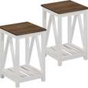 ChooChoo Farmhouse End Table, Rustic Vintage End Side Table with Storage Shelf for Small Spaces, Nightstand Sofa Table for Living Room, Bedroom White 2 Pack