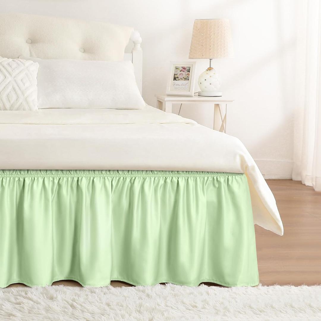 RIMELA Bed Skirt Queen Size Baby Green 15 Inch Drop, Wrap Around Elastic Bedskirt, Dust Ruffle for Adjustable Bed Base Soft Durable Fabric Machine Washable Easy to Install Bed Skirts, Baby Green, Queen-15" Drop