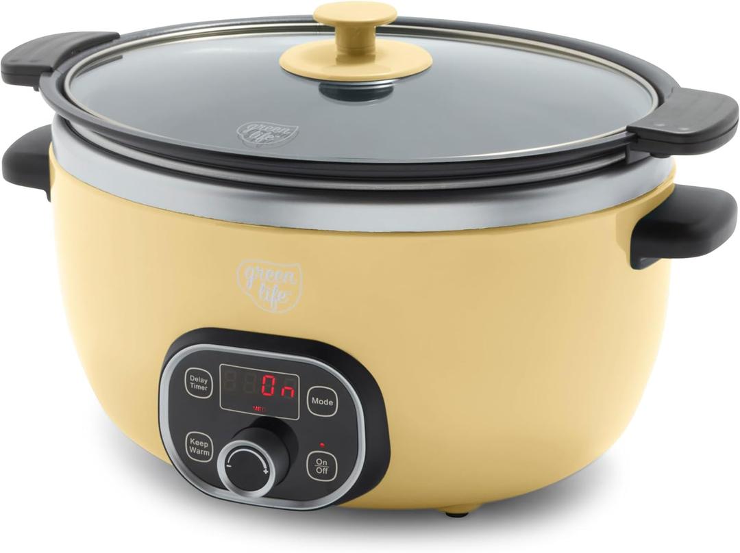 GreenLife 6QT Slow Cooker, Non-Toxic PFAS-Free Ceramic Nonstick Removable Interior Bowl, Programmable, Family Friendly, Keep Warm, Stovetop & Oven Safe, Dishwasher Safe Crock, Timer, Glass Lid, Yellow
