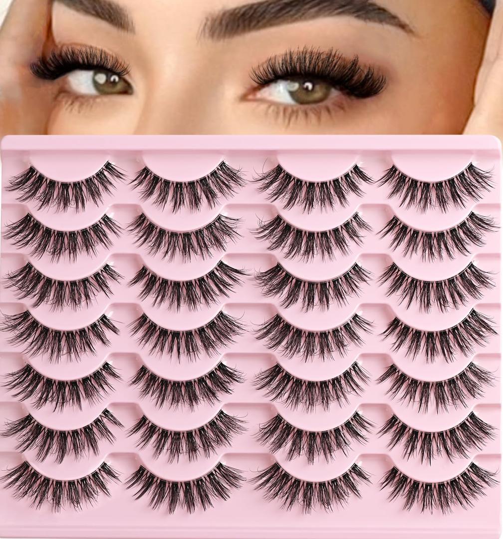 Lashes Wispy False Eyelashes Cat Eye Lash Strips Natural Fake Eyelash Mink Strip Lash Pack 14 Pairs Lightweight Fluffy Cateye Lashes Soft Cotton Band 7-14mm Wispies Easy Eyelashes Natural Look