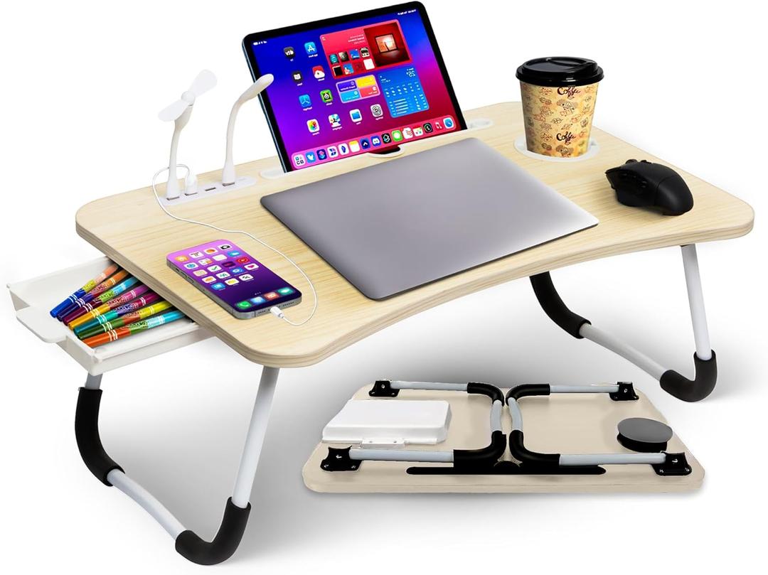 Aerolife Portable Laptop Bed Desk, Foldable Laptop Table with USB Port, Storage Drawer, Cup Holder & Tablet Slot, Adjustable Lap Desk Stand - Natural