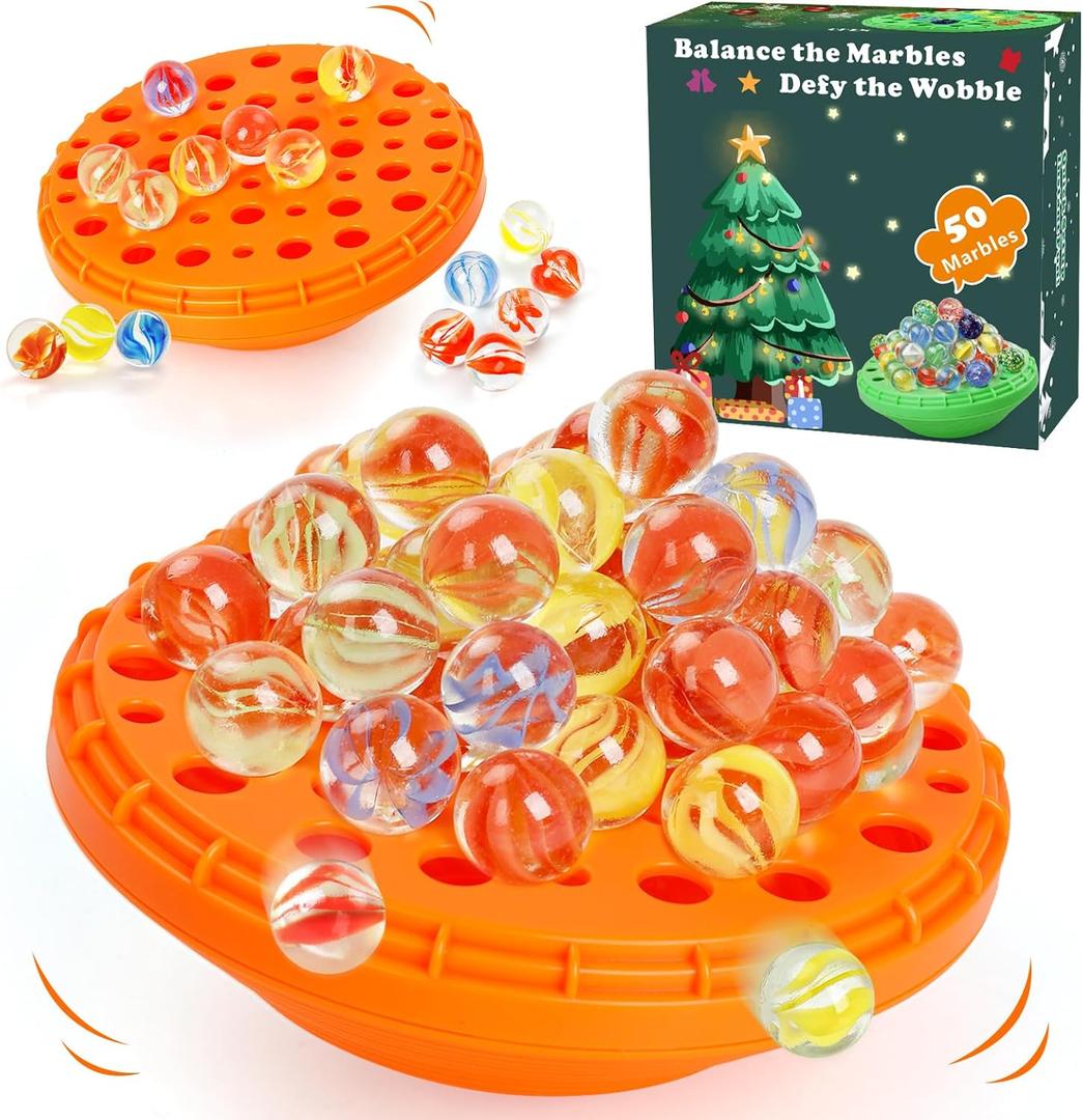 Marble Balance Game - 50 Colorful Marbles with Built-in Storage, Fun Family Challenge for 1-4 Players, Educational Toy for Kids & Adults, Perfect for Parties, Travel & Birthday Gifts (Pumpkin Orange)