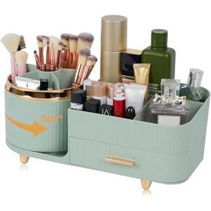 Zufudo Makeup Organizer Countertop with Drawer 360 Rotating Brush Holder Storage Large Capacity Skincare Cosmetic Display Cases for Vanity Bathroom Desktop, Model 3016 Green