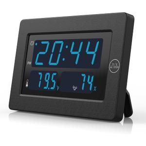Alarm Clock, Humidity/Temperature Display, 8" Screen Display, 12/24Hr, 3 Level Brightness, Dimmable,Wall-mounted/Table-top, Battery Operated, Clock for Bedroom, Kids, Elderly (Black Case-blue Led)
