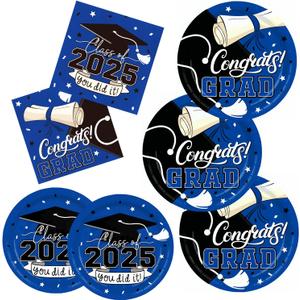 2025 Graduation Party Supplies Kit: Blue-Themed Congrats Grad Decorations with Disposable Dinner & Dessert Plates, Napkins for 50 Guests - Graduation Party Decorations