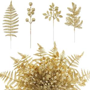 40 Pcs Christmas Glitter Artificial Picks Set Christmas Leaf Sprays Cedar Picks Glitter Berries Stems Tropical Leaf Pine Needles Christmas Stems Branches for Christmas Tree Vase Home(Gold)