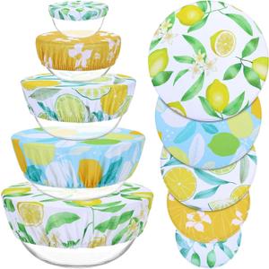 5 Pieces Bowl Covers Reusable, 5 Size Elastic Cloth Bowl Covers for Bread Proofing Stretch Food Covers Washable for Food Fruits Leftover (Lemon)