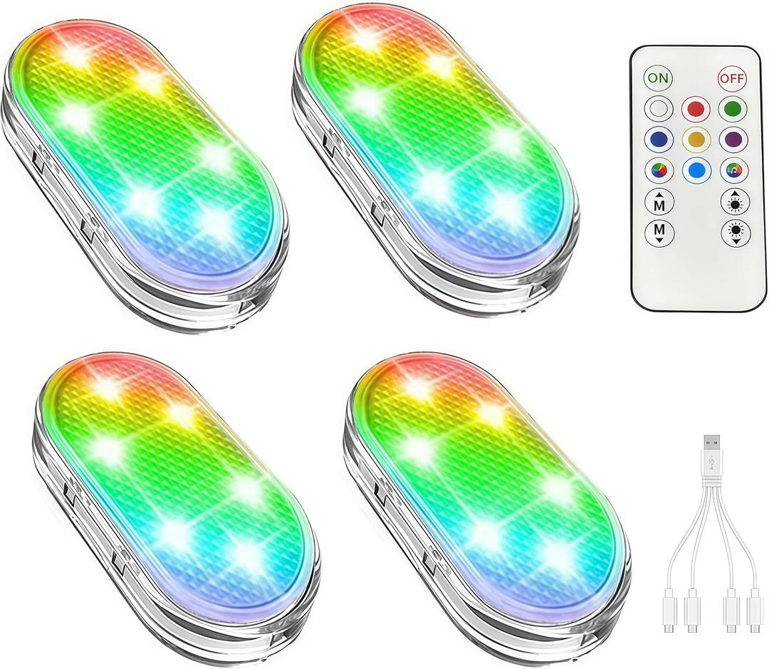 4Pcs LED Interior Car Lights Wireless with Remote, Portable USB Rechargeable,Inside Ambient Lighting, Sync to Music