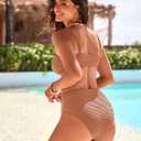 Pink Queen High Waisted Bikini Sets for Women Twist Front Bandeau Top Metal Ring Swimsuits Bathing Suit (L)