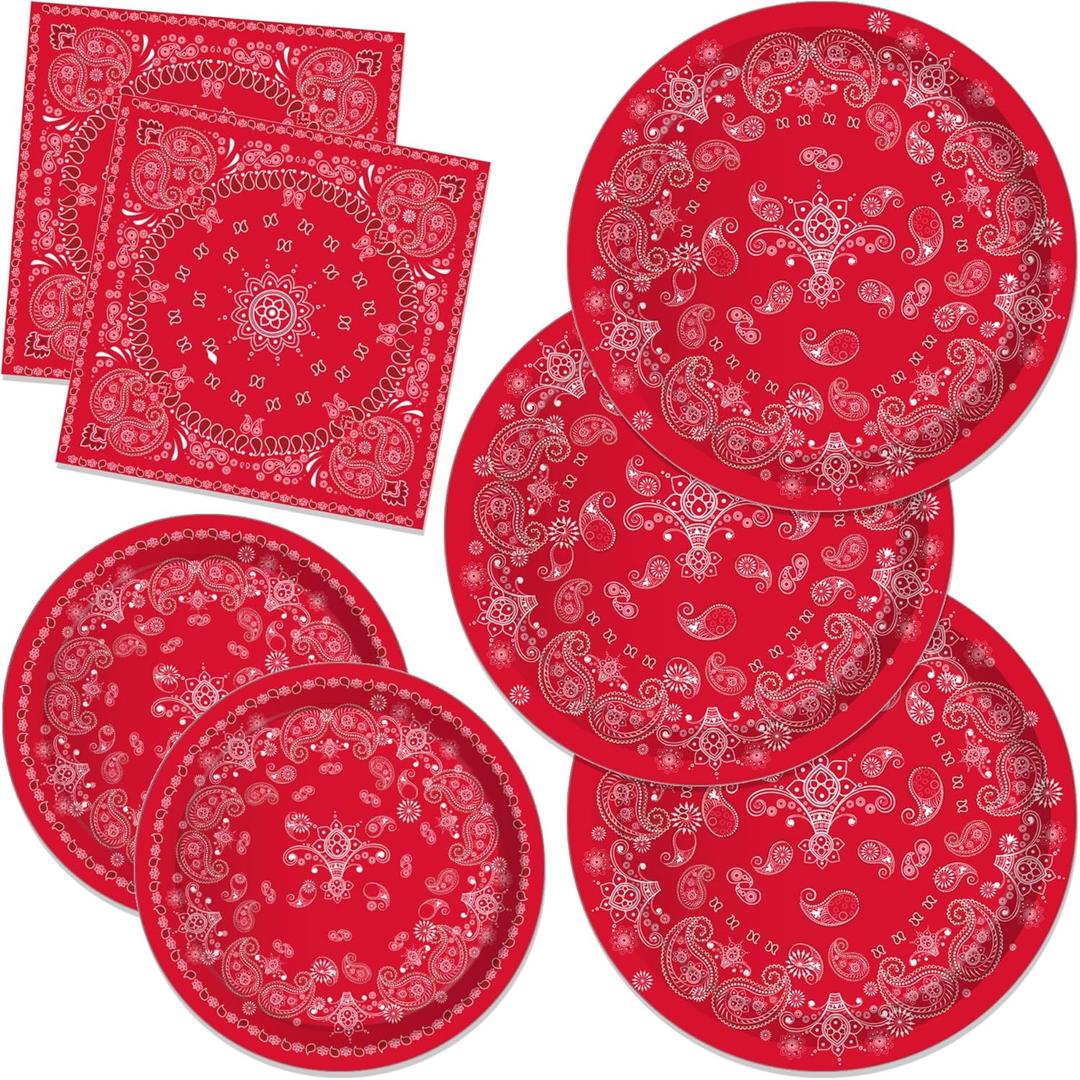 Red Bandana Birthday Paper Plates Napkins Red Bandanas Paisley Print Disposable Tableware Set Party Supplies Western Cowboy Theme Dinnerware Cutlery Sets Serves 24 Guests Party Plates Napkins 88PCS