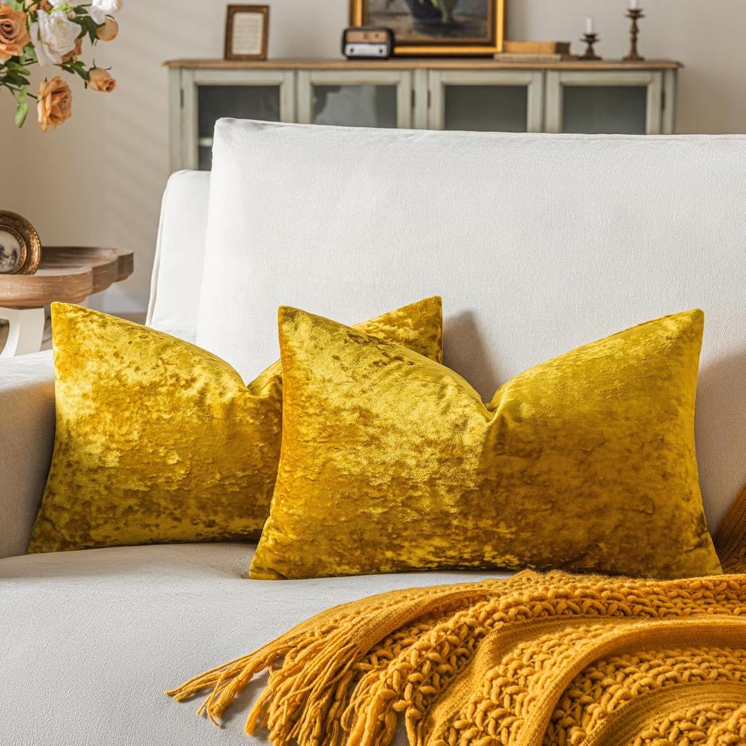 Set of 2 Mustard Yellow Decorative Velvet Throw Pillow Covers 12x20 Inches, Soft Neutral Accent Pillow Cases with Vintage Textured Farmhouse Couch Cushion Covers for Luxurious Home Decor
