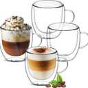 8oz Double Walled Glass Coffee Mugs with Handle, Clear Cappuccino Glass Mug Set of 4, Insulated Layer Coffee Cups, Clear Borosilicate Glass Mugs, Glasses Espresso Mugs for Coffee