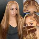 34 Inch 13x4 Honey Blonde Straight Lace Front Wigs Human Hair Highlight Ombre 200% Density Pre Plucked Pre Cut Transparent Frontal Human Hair Wigs for Black Women with Baby Hair 4/27